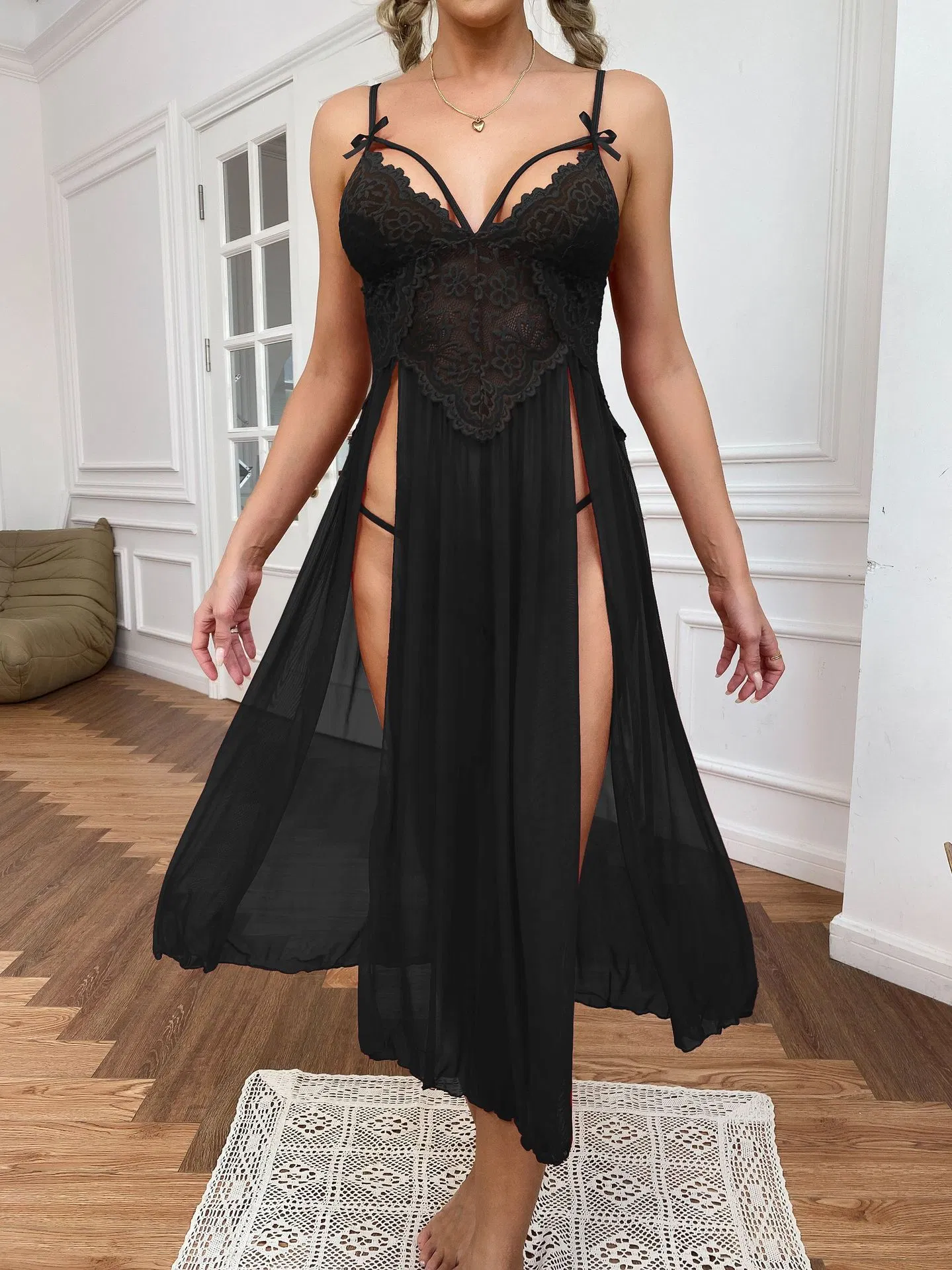 Sexy See Through Mesh Long Lingerie Women Sleepwear Hot V-Neck Embroidered Lace Nightwear