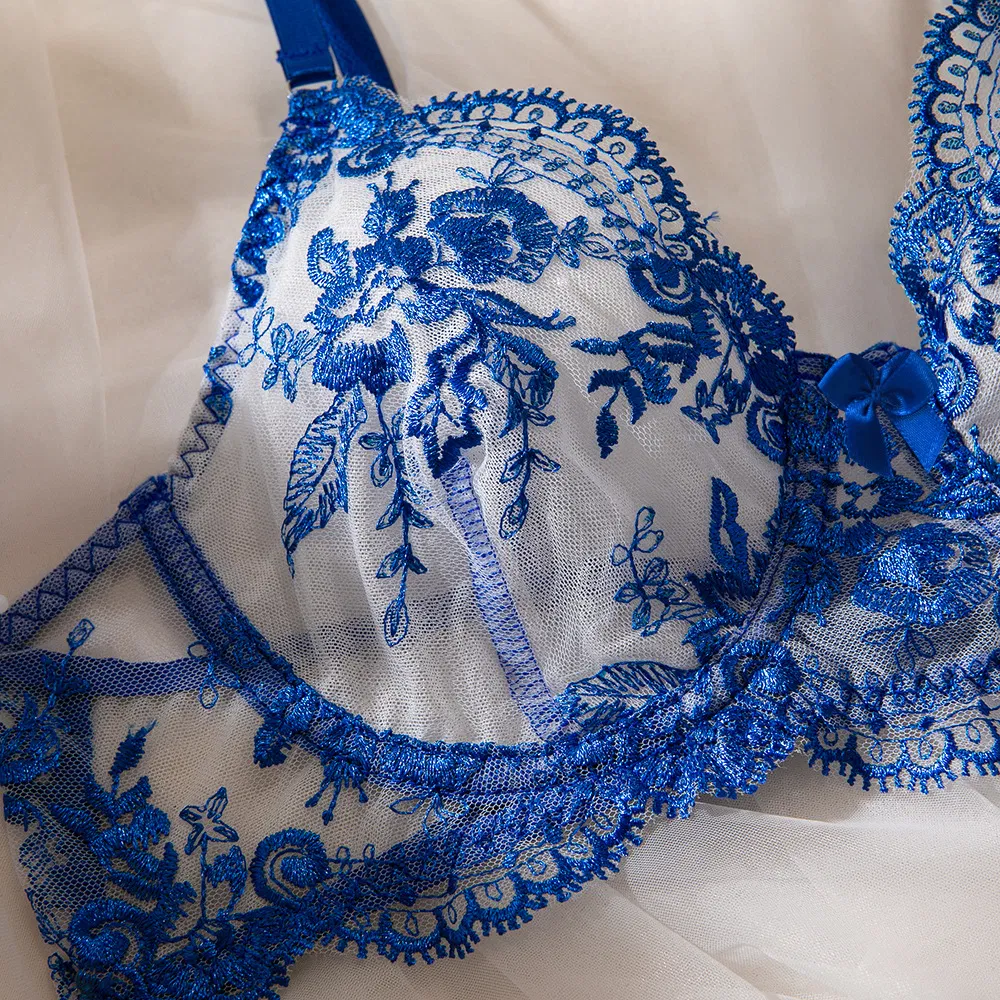 Wholesale Flower Embroidery Perspective Mesh Underwear Set Sexy Luxury Woman Lingerie