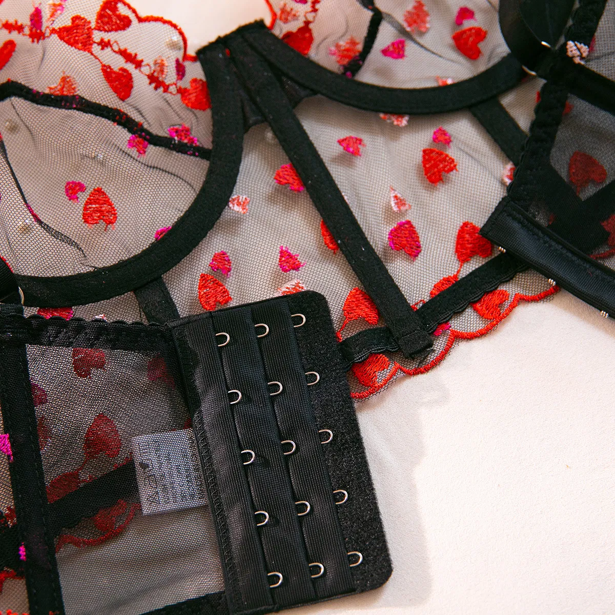 Sexy Fishbone Heart-Shaped Embroidery 2 PCS Underwear Set Wholesale Transparent Mesh Lingerie