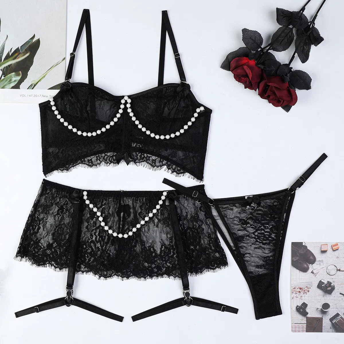 New Design Embroidery Lace Bra Set Sexy Perspective Pearl Skirt Woman Lingerie