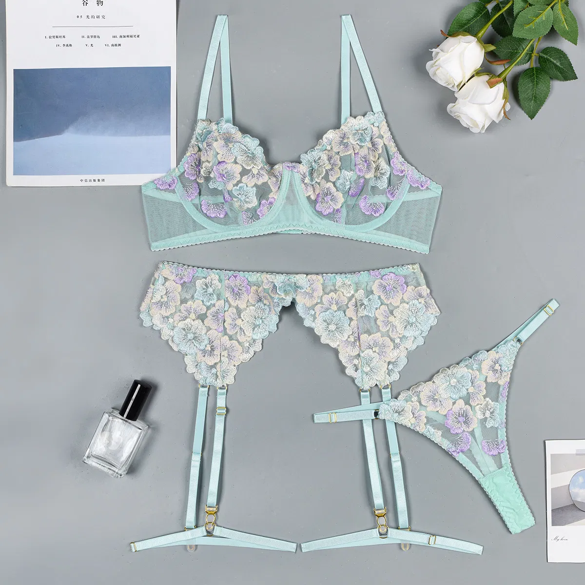 Wholesale Ultra-Thin Flower Embroidery Lace Underwear Set Sexy See-Through Mesh Woman Lingerie