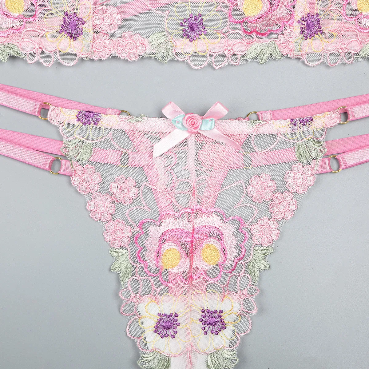 Wholesale Floral Embroidery See-Throug Underwear Set for Woman Sexy Fishbone Lingerie