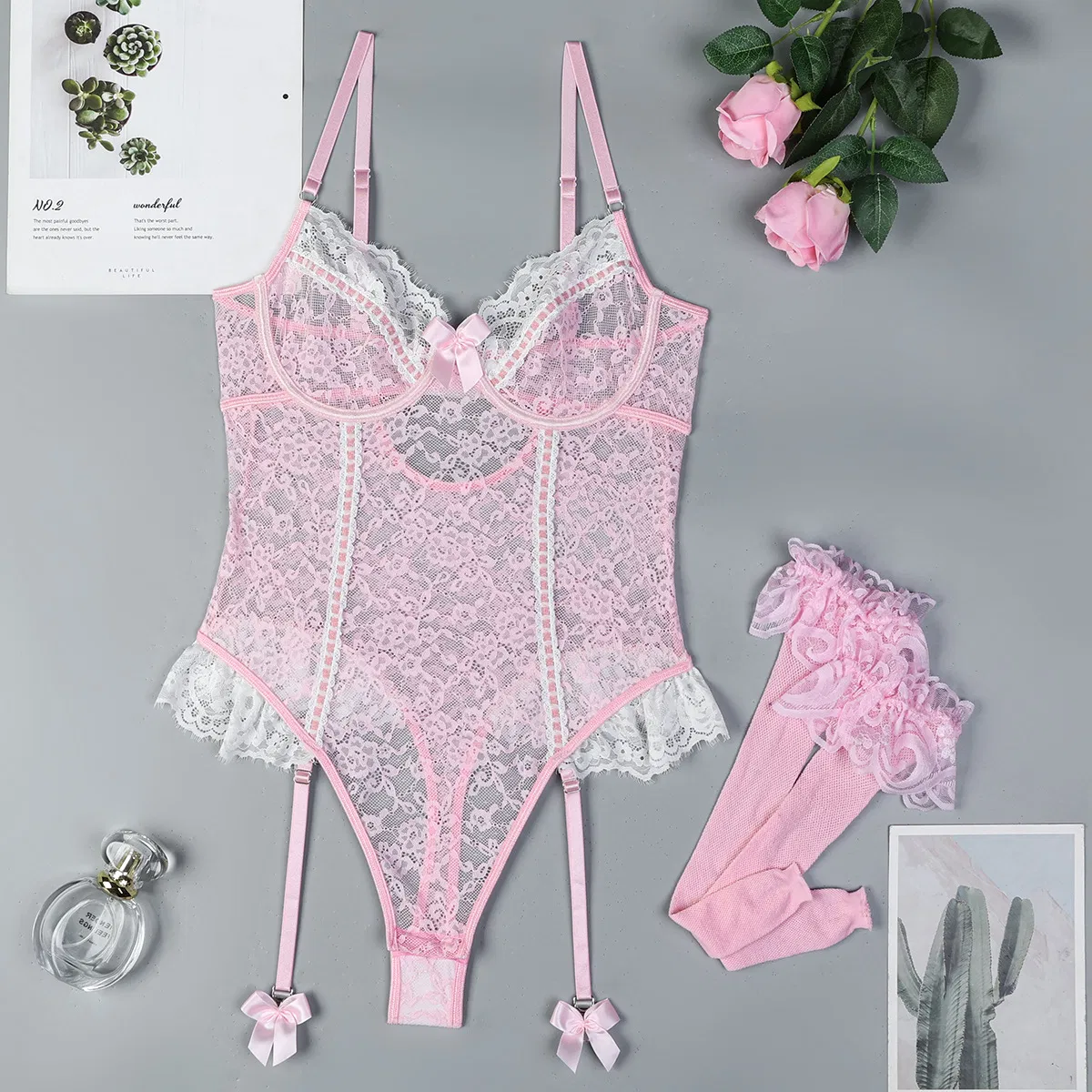Wholesale Embroidered Elastic Women's Underwear Set Sexy Garter Belt with Stockings Lingerie