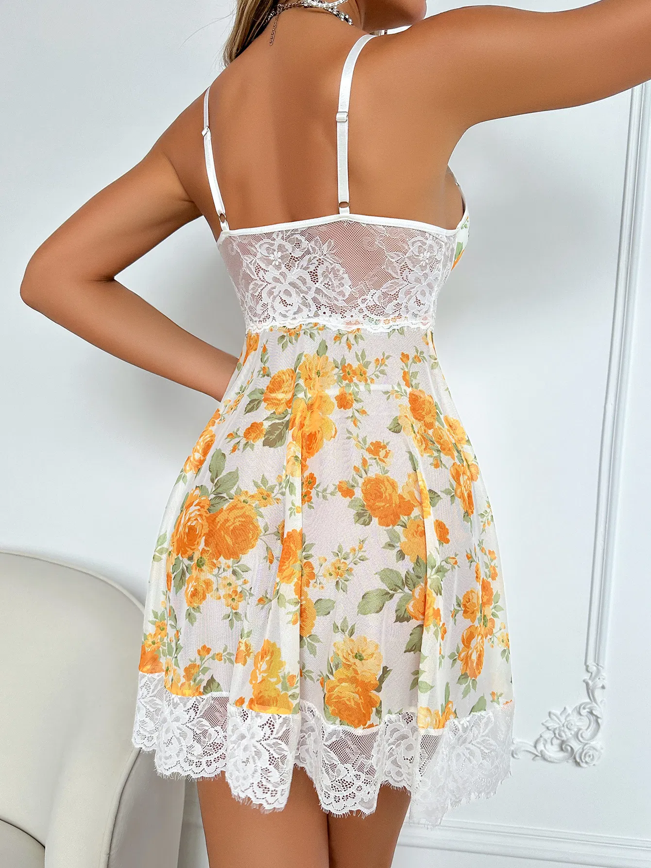Sexy See-Through Long Dress Woman Bra Set Wholesale Flower Print Ultral -Thin Lingerie