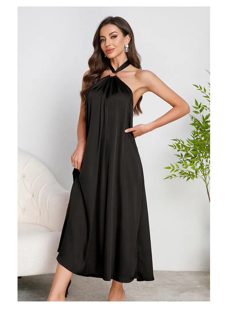 Wholesale Hanging Neck Backless Women's Nightwear Sexy Solid Color Satin Sleepwear