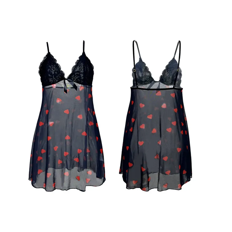 Sexy Printed See-Through Mesh Patchwork Lace Nightwear Dress Hot Sleeveless Women Sleepwear