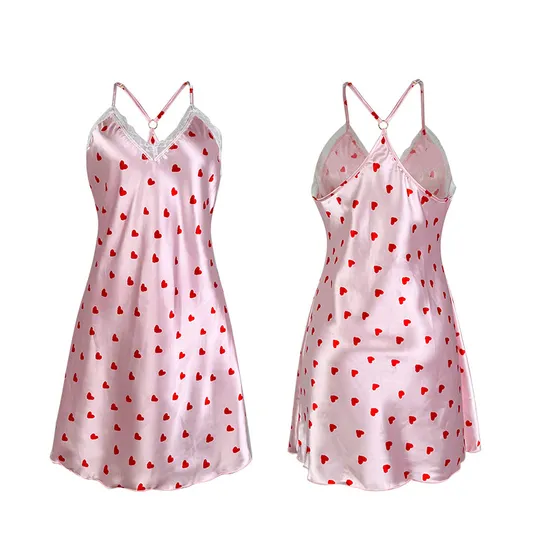 Sexy Satin Deep V Lace Nightwear Dress Hot Woman Heart-Shaped Print Sleepwear