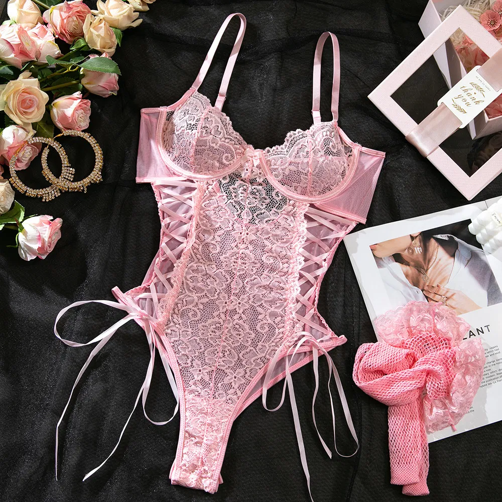 Wholesale Hollow out One Piece Underwear Set Sexy Embroidered Lace Woman Lingerie