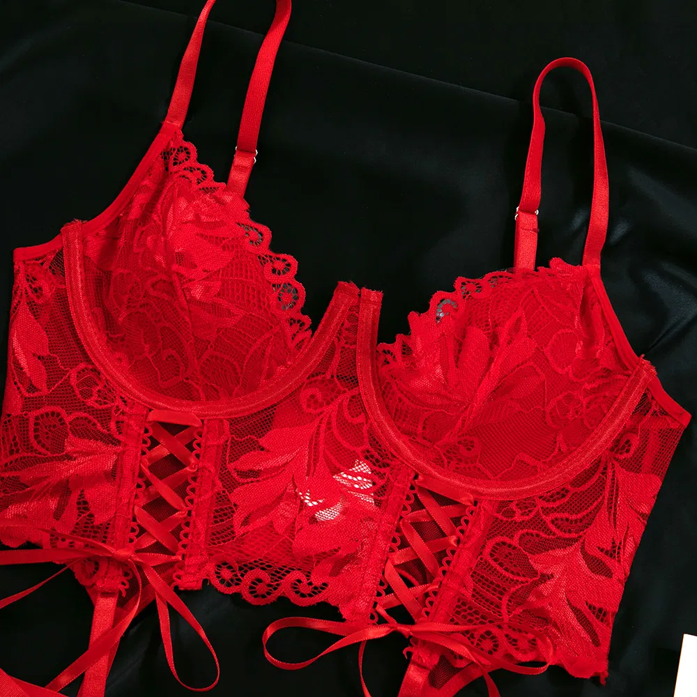Hot Solid Color Fish-Bone Women Bra Set Sexy Erotic Strap Cross Embroidered Lingerie
