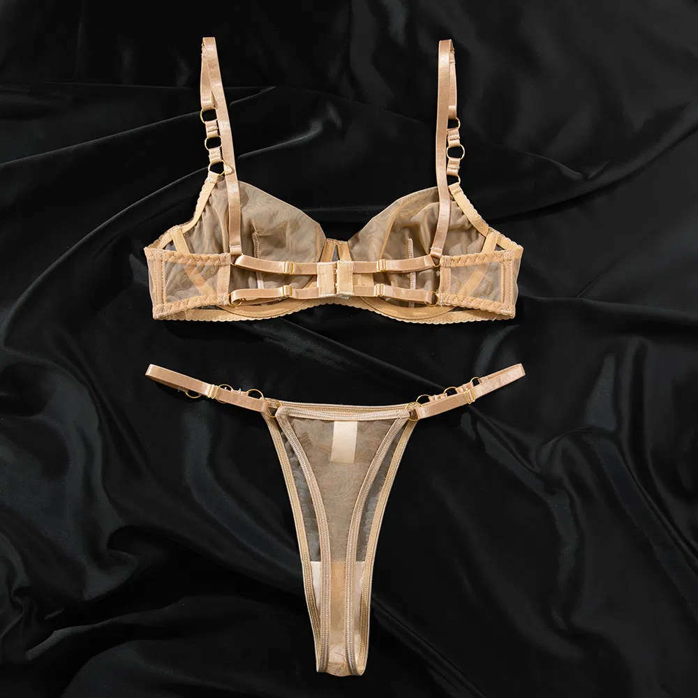 Sexy See-Through Mesh Suspender 2 PCS Bra Set New Style Solid Color Woman Lingerie