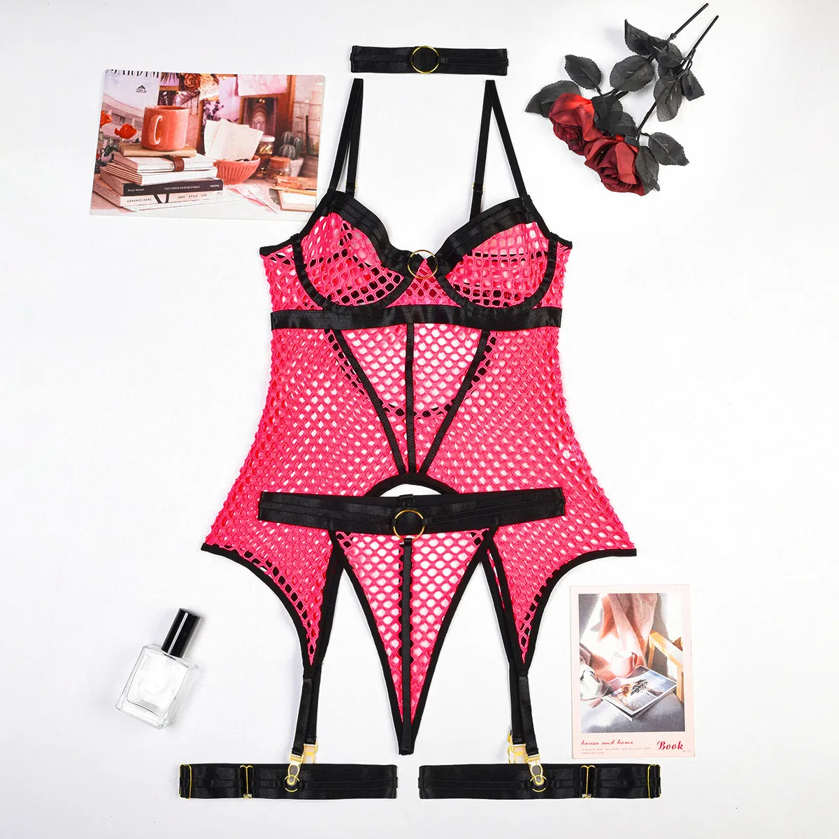 Wholesale Deep-V Woman Underwear Set Sexy Erotic See-Through Fishnet Lingerie