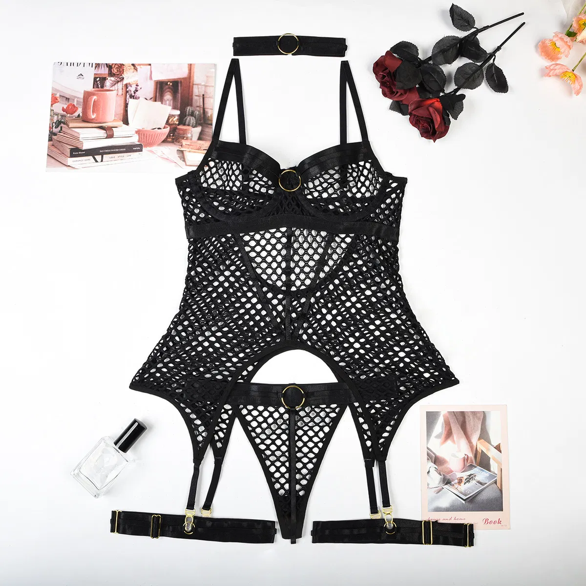 Wholesale Deep-V Woman Underwear Set Sexy Erotic See-Through Fishnet Lingerie