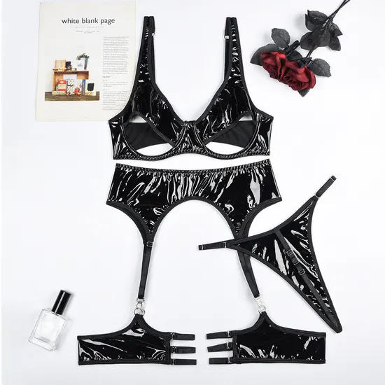 Hot-Selling Erotic Garter Belt Woman Bra Set Sexy Hollow out See-Through PU Lingerie
