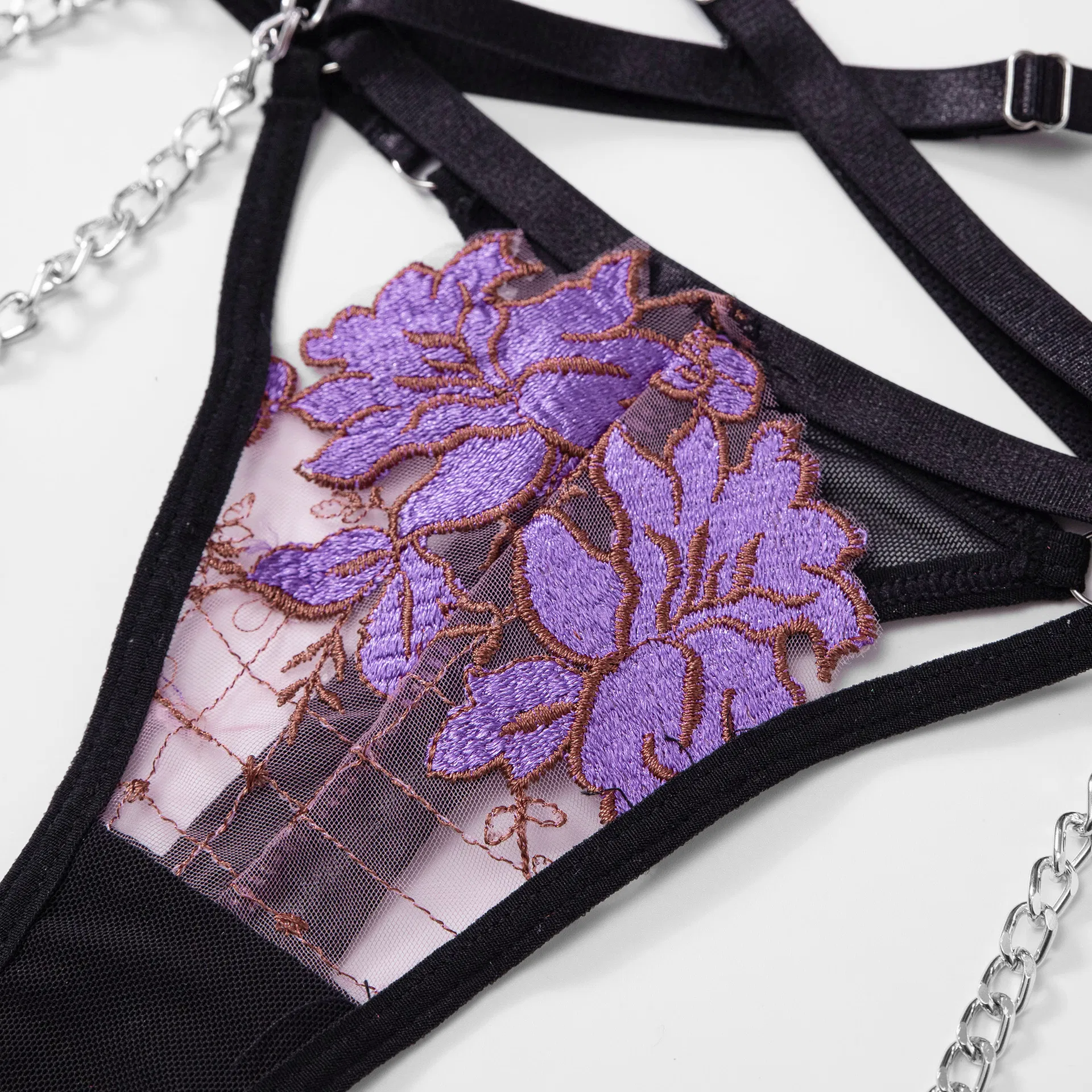 Sexy Floral Embroidery See Through Bra Panty Set Wholesale Luxury Chain Women Lingerie