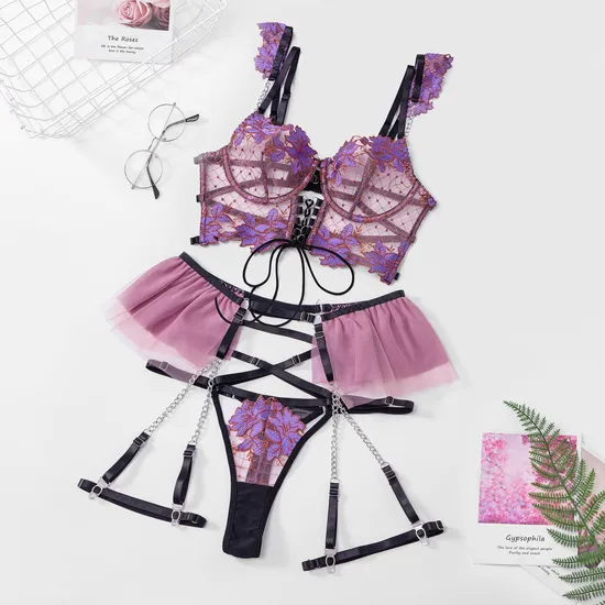 Sexy Floral Embroidery See Through Bra Panty Set Wholesale Luxury Chain Women Lingerie