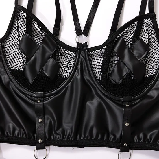 Sexy PU Leather Perspective Plus Size Bra Set New Fishnet Net Woman Lingerie