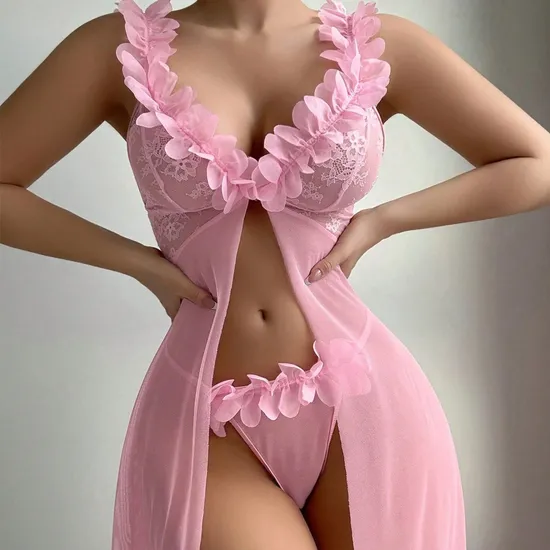 New Fashion V-Neck Ultra-Thin Woman Underwear Set Hot Suspender Long Dress Lingerie