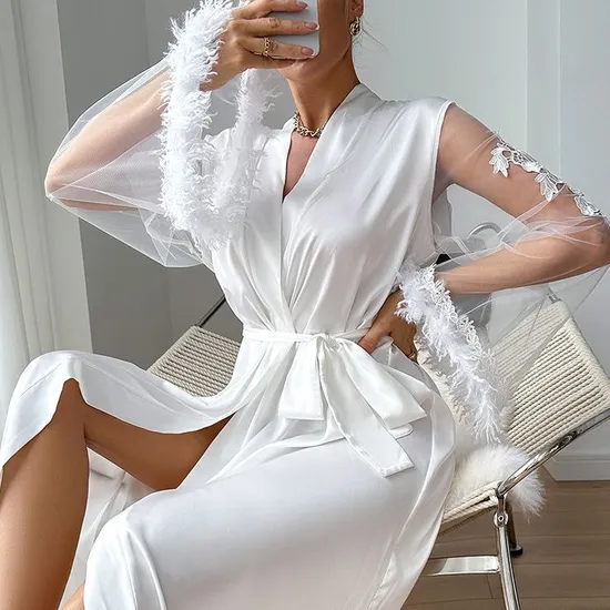 Wholesale Satin Woman Sleepwear Sexy See-Through Mesh Feather Lace Cuff Robe