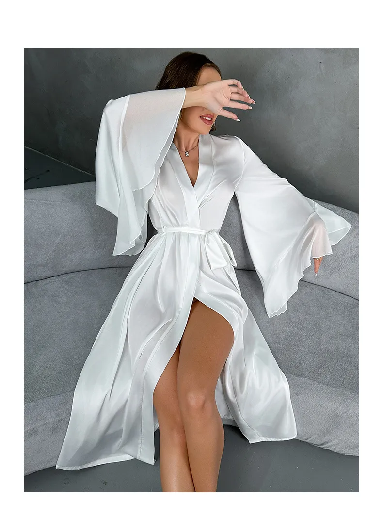 Wholesale Satin Long Sleeve Ruffled Chiffon Patchwork Sleepwear Sexy Women's Robe