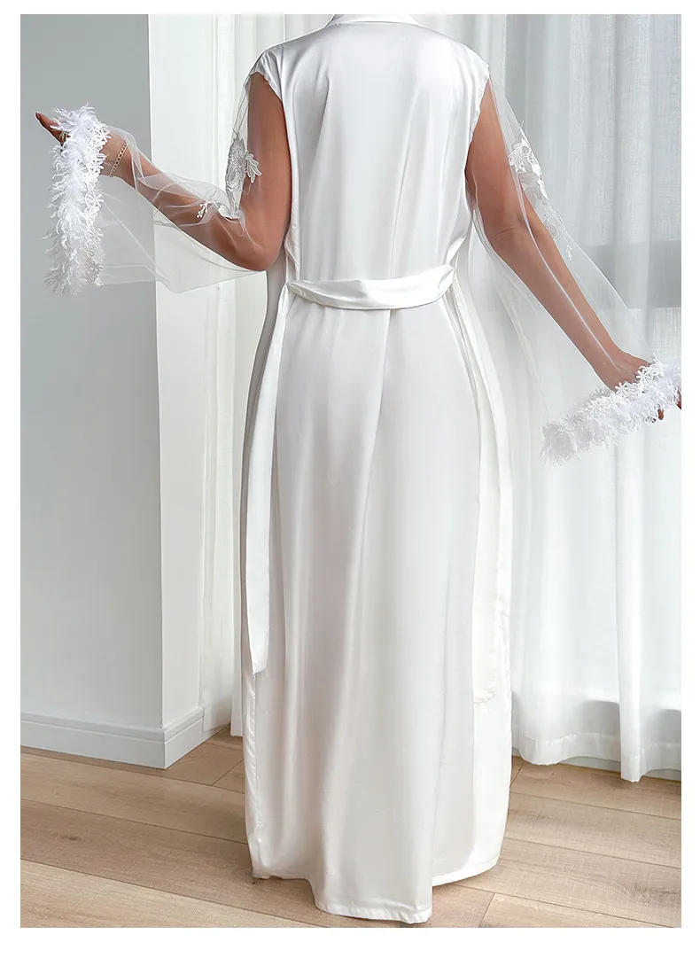 Wholesale Satin Woman Sleepwear Sexy See-Through Mesh Feather Lace Cuff Robe
