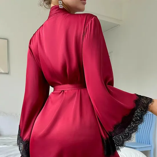 Wholesale V-Neck Satin Woman Lace Nightwear Sleepwear Sexy High-Quality Solid Color Robe