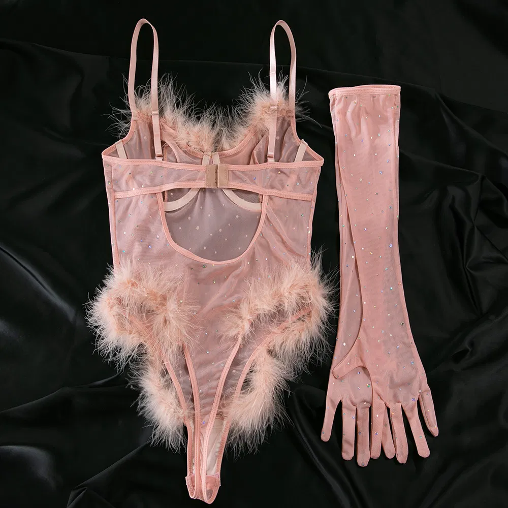 New Arrival Rhinestone Sparkling See-Through Mesh Underwear Set Sexy Feather Patchwork Lingerie