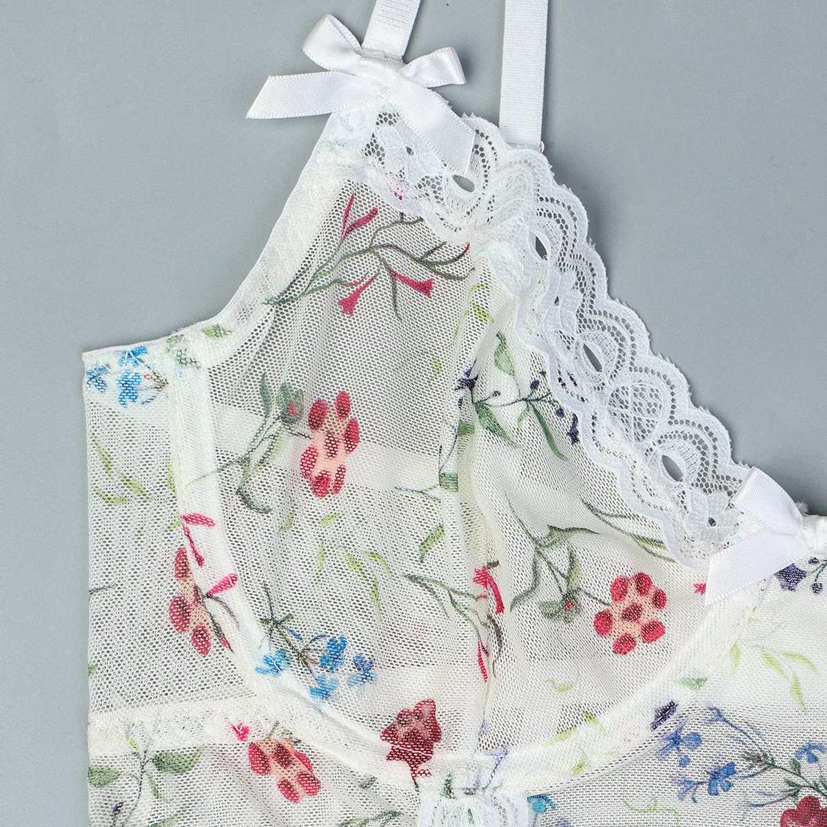 New Fashion Floral Print Transparent One Piece Bra Set Sexy Ultral-Thin Woman Lingerie