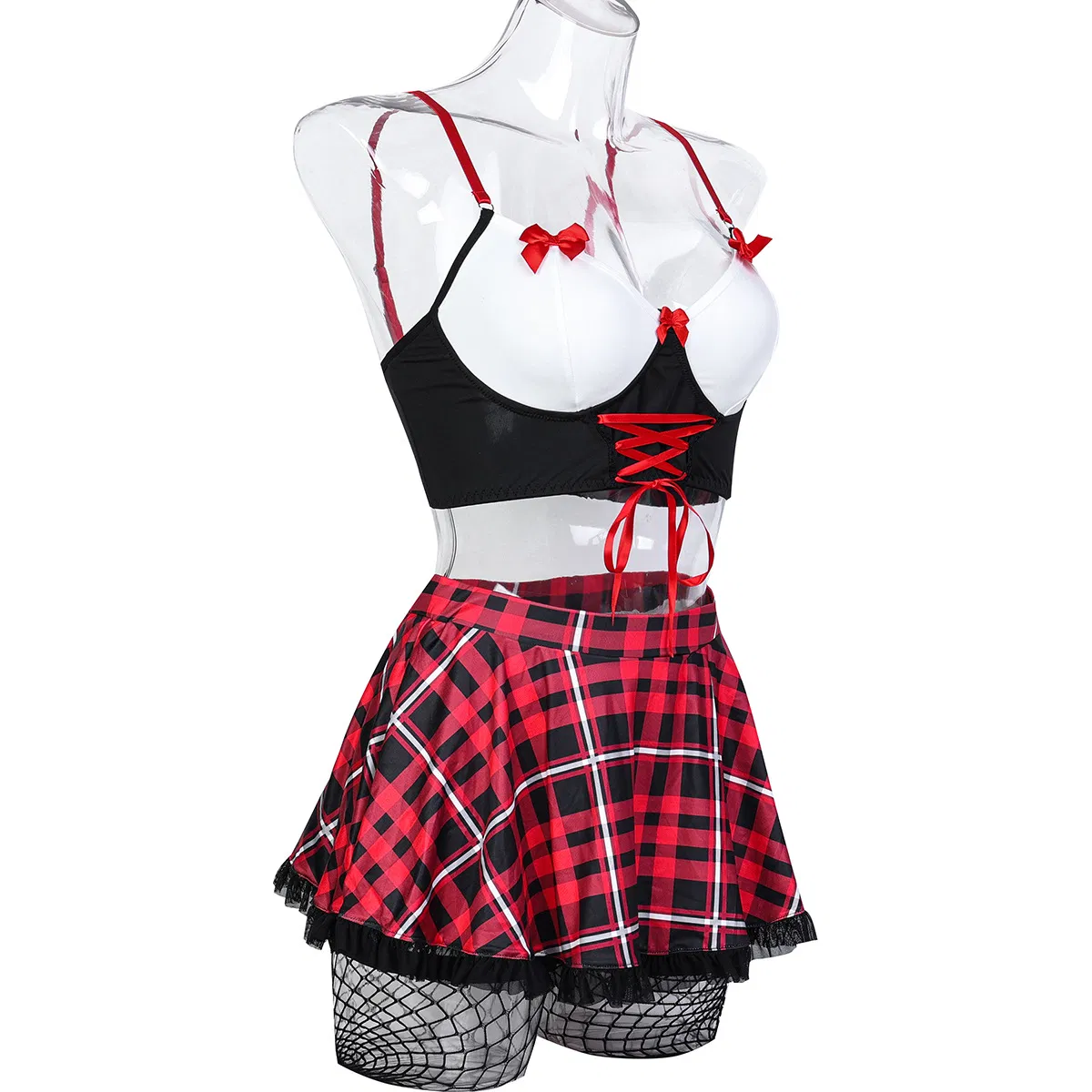 Wholesale Uniform Bow Woman Bra Set with Stocking Sexy Red Miniskirt Lingerie