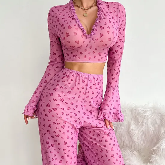 Hot Sell Erotic Long Sleeve Transparent Mesh Underwear Set Sexy Heart Print Women's Lingerie