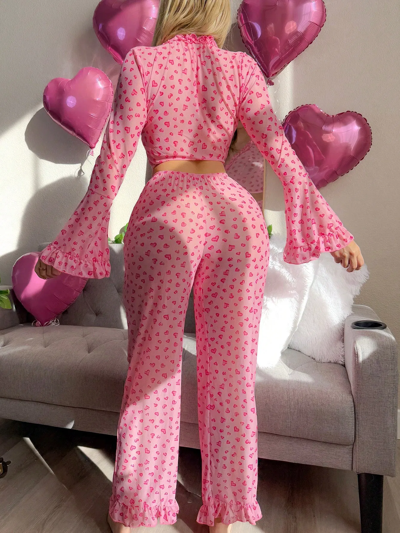 Hot Sell Erotic Long Sleeve Transparent Mesh Underwear Set Sexy Heart Print Women's Lingerie