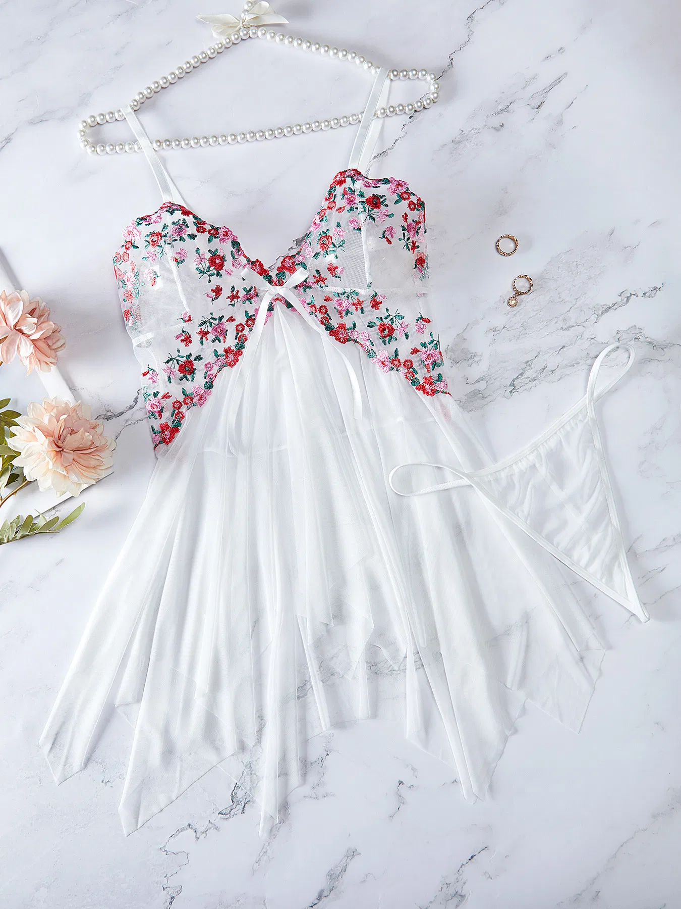 Wholesale Flower Embroidered See-Through Dress Underwear Set Sexy Ultral-Thin Lingerie