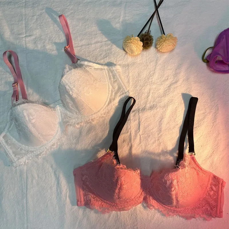 New Style French Seduction for Women Gathered Bra Set Lace Trim Breathable Sexy Lingerie