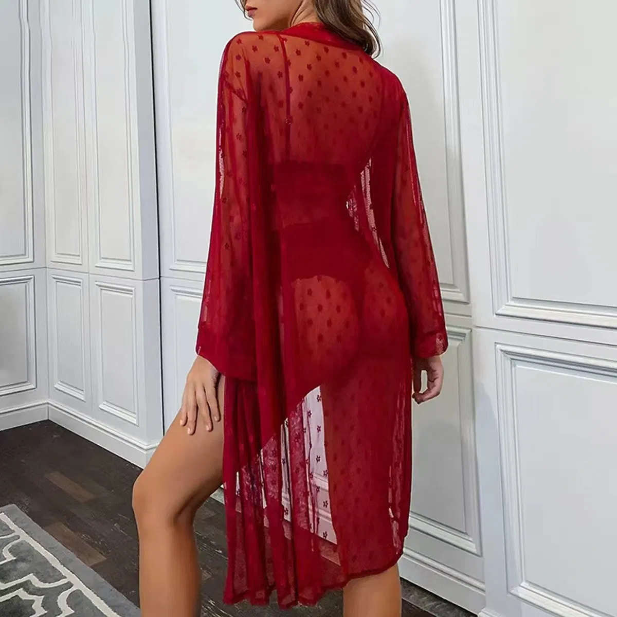 Wholesale Lace Dress Long Transparent Sleepwear Sexy Woman Lingerie Set with Robe