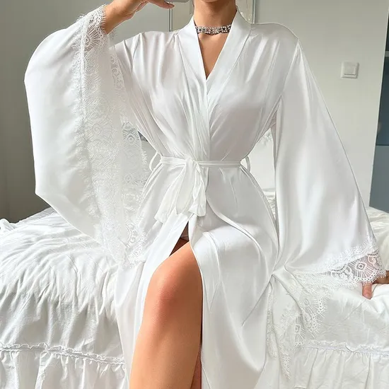 Wholesale Satin Lace Long Sleeved Women's Sleepwear Sexy High Quality Soft and Silky Robe