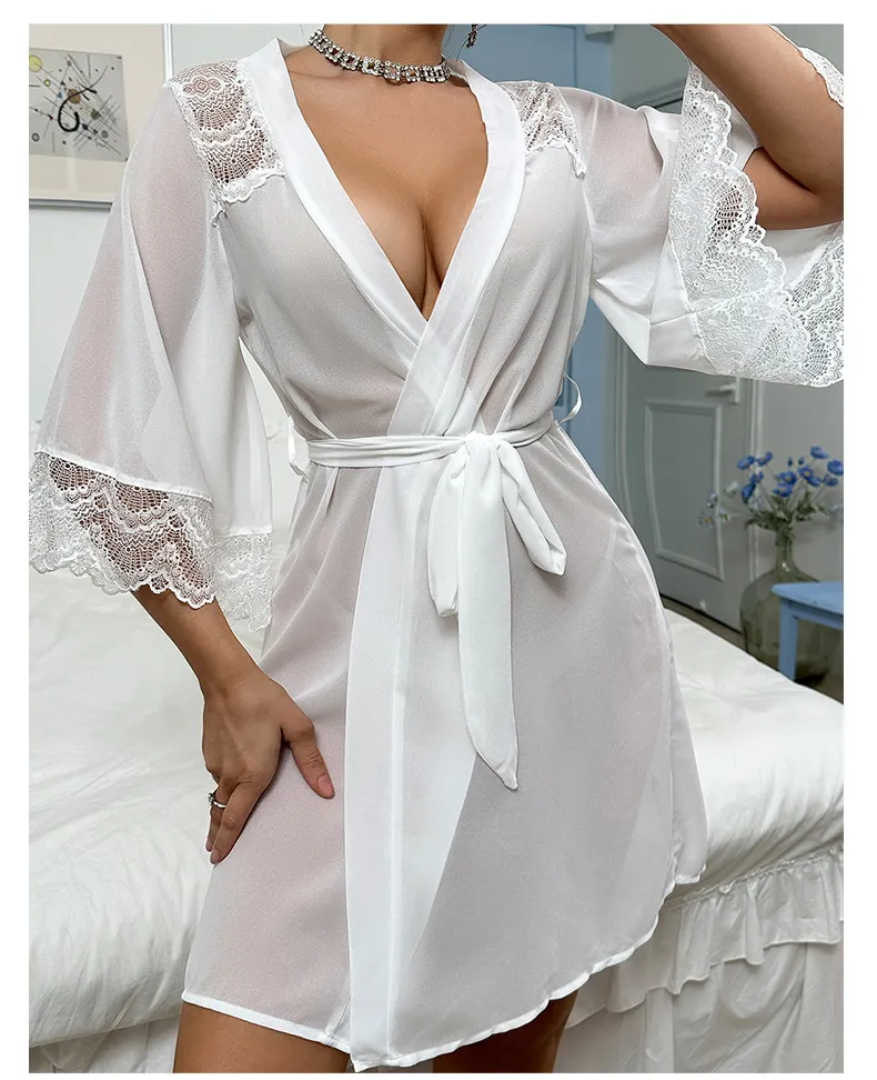 Sexy See-Through Chiffon Mesh Woman's Sleepwear Wholesale Lace Patchwork Robe