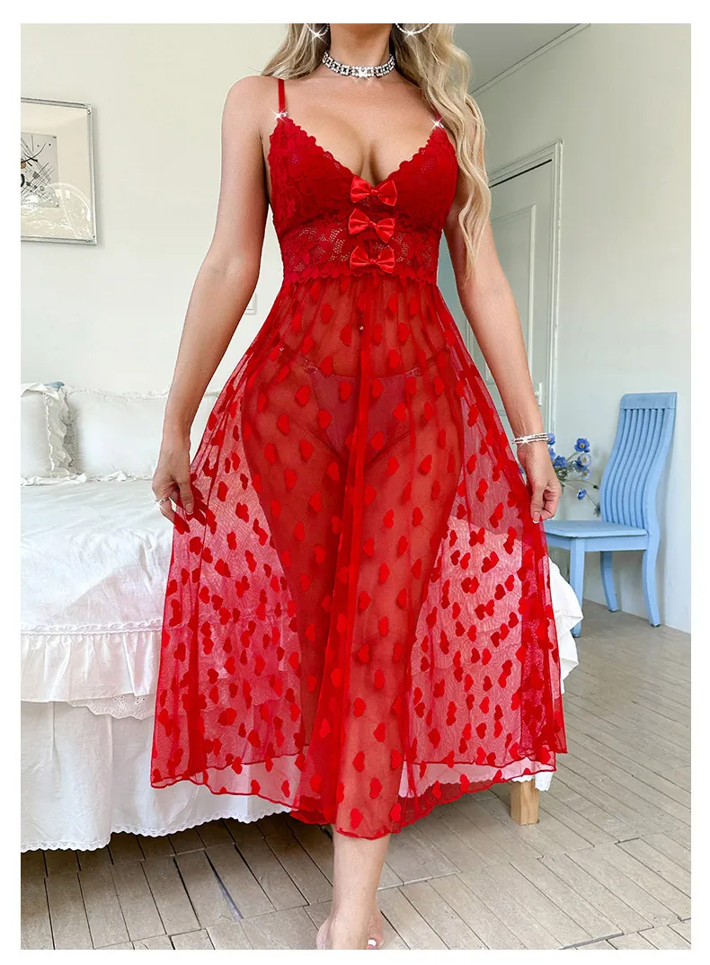 Sexy Transparent Mesh Women Sleepwear Long Dress Hot Sale Embroidery Nightwear