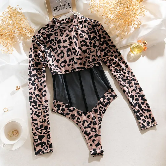 Wholesale Long Sleeve Leopard Print One Piece Underwear Sexy Perspective Slim Fitting Lingerie