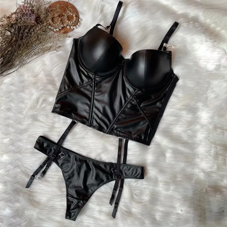 French Style Glossy Gathering Bra Leather Beauty Seduction for Women Soft Breathable Ultra-Thin Set Sexy Underwear Lingerie
