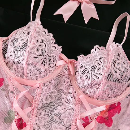 New Arrival Floral Print See-Through Bra and Panty Set Sexy Ultral-Thin Embroidery Lingerie