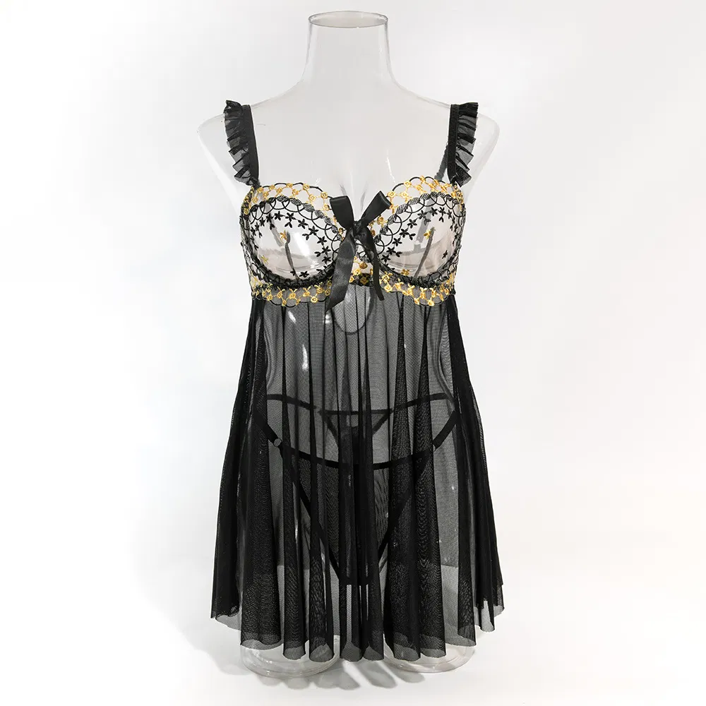 New Arrival Erotic Transparent Bra and Panty Set Sexy Long Dress Embroidered Lingerie