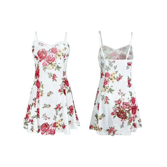 Sexy See-Through Mesh Suspender Dress Sleepwear New Floral Print with Lace Nightwear