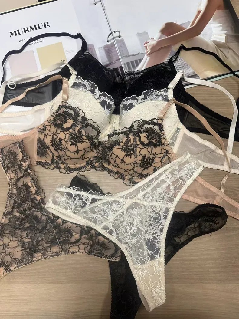 2025 Wholesale French Jacquard Embroidered Lace Trim Sexy Underwear Ultra-Thin Breathable Bra Lingerie