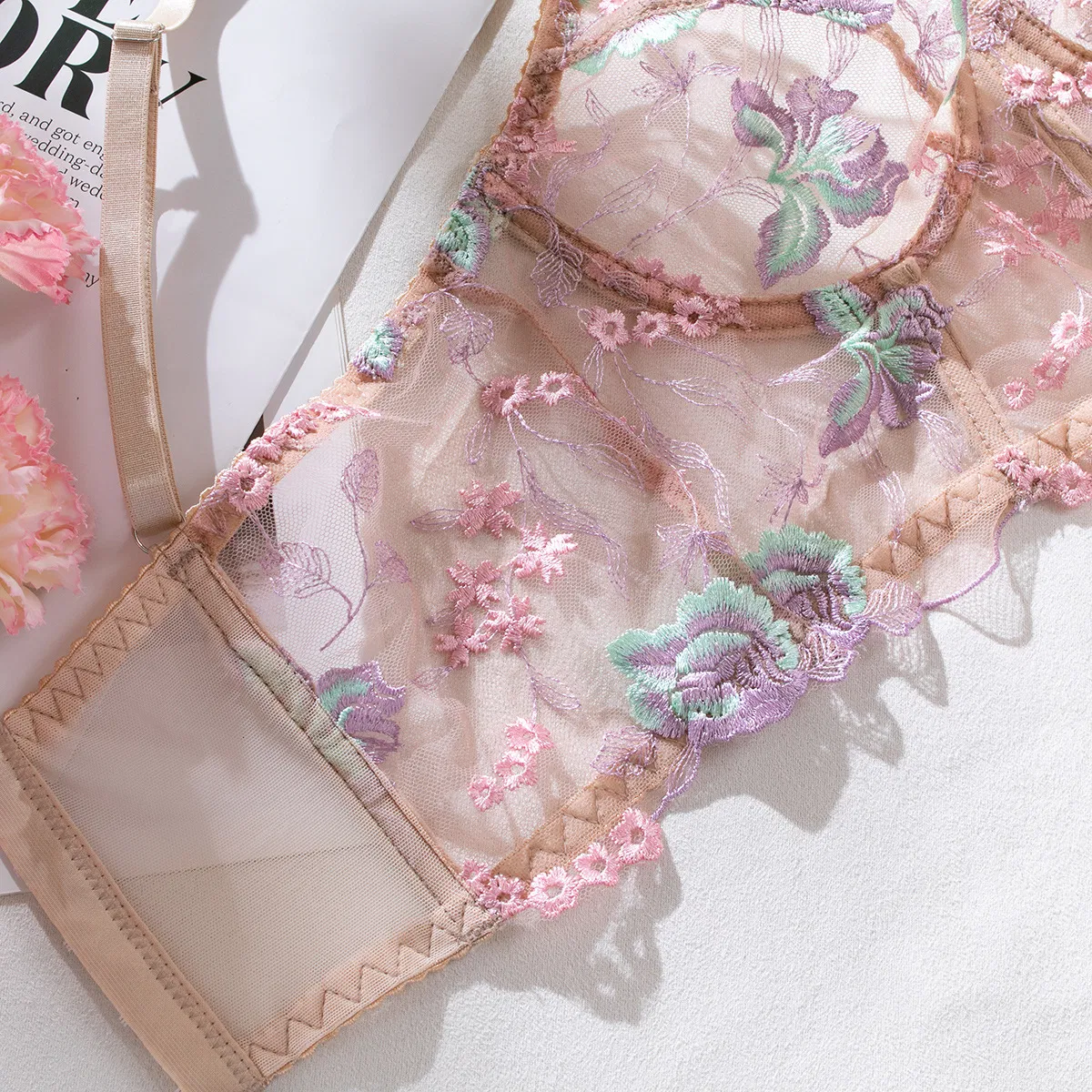 Sexy Mesh Transparent Flower Embroidery Fishbone Bra Set Factory Sell Woman Lingerie