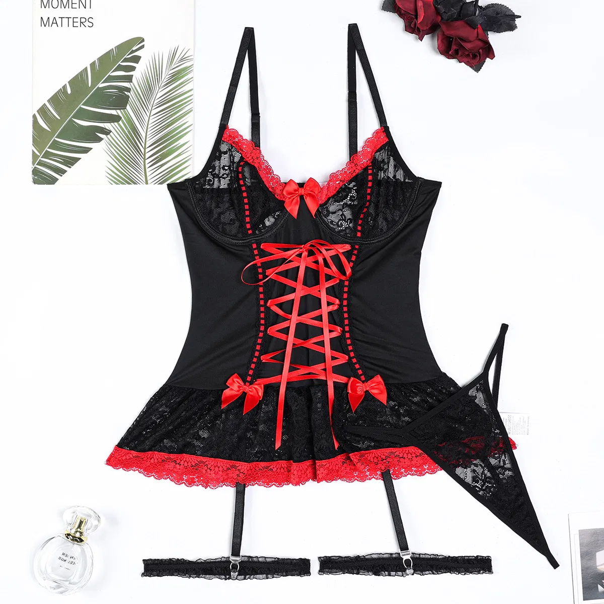 Sexy Cross Tie Bow Lace Embroidery Underwear Set New Suspender Ultra-Thin Woman Lingerie