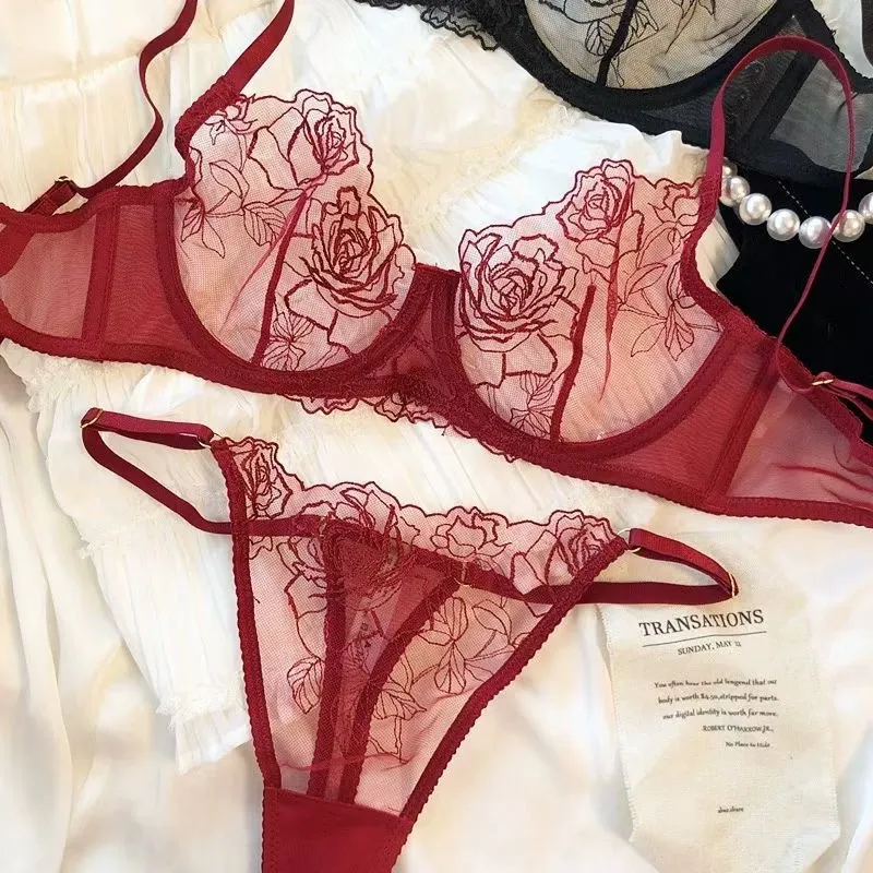 Hot Sell New Style Lingerie French Ultra-Thin Mesh Rose Embroidery Underwear Bra Set
