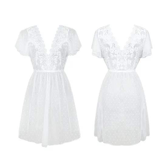 New Solid Color Polka DOT Sleepwear Dress Sexy V-Neck Transparent Woman Nightwear
