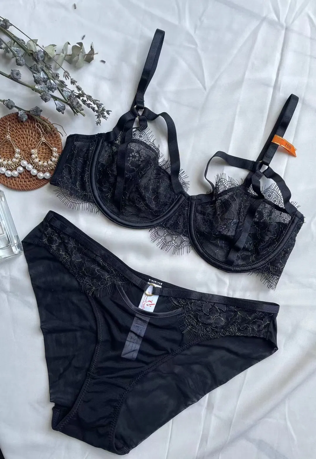 French Style U-Shaped Transparent Eyelash Lace Seduction for Women Soft Bra Breathable Ultra-Thin Set Sexy Underwear Lingerie