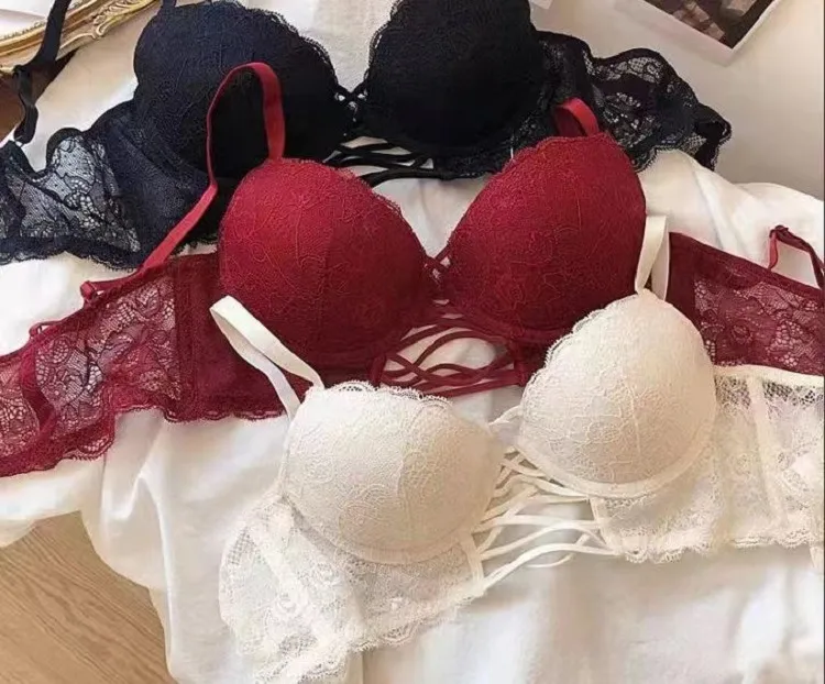 Wholesale Embroidery Lace Seduction for Women Deep V Gathered Breathable Ultra-Thin Set Sexy Bra Underwear Lingerie