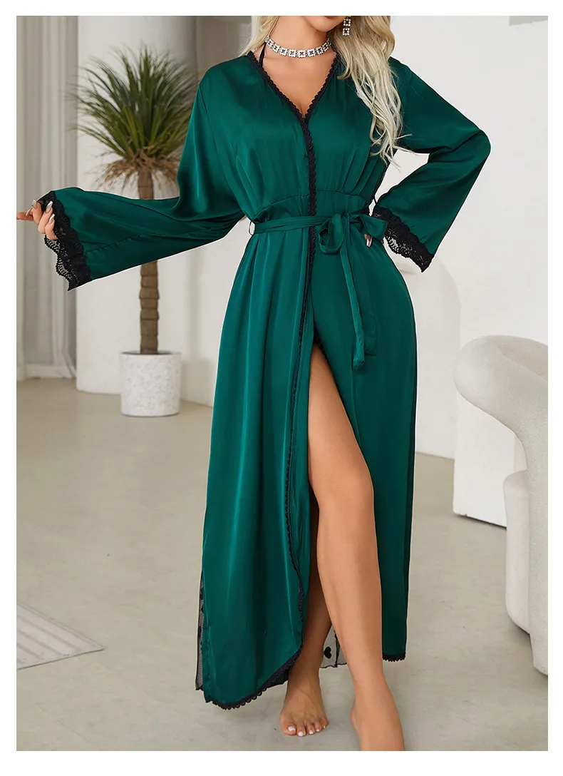 Wholesale Lace Satin Sleepwear Sexy Mesh Embroidery Patchwork Transparent Women's Robe
