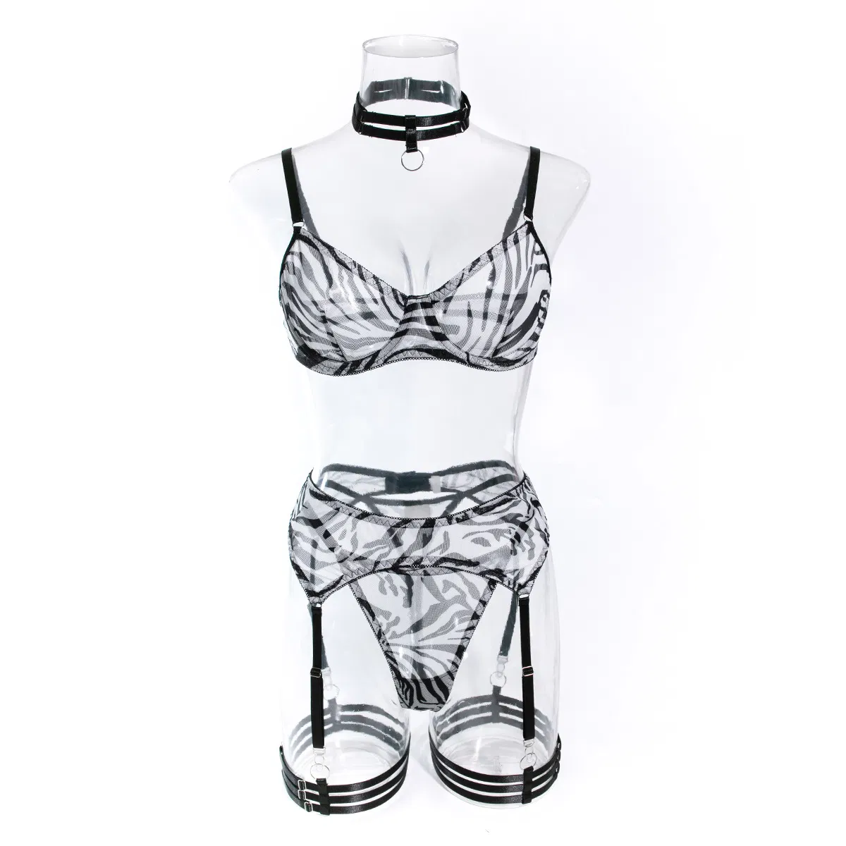 Hot Erotic Zebra Printed Woman Underwear Set Sexy Perspective Mesh 4PCS Lingerie